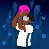 Mens spelen basketbal in vr hoofdtelefoon. vector hand- getrokken virtueel sport- illustratie