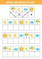 decoderen en coderen van afbeeldingen. schrijf de symbolen onder schattige weerselementen. vector