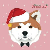 Kerstmis groet kaart. akita inu hond met rood santa's hoed en boog stropdas vector