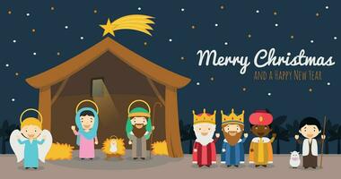 Kerstmis geboorte tafereel met heilig familie, de drie wijs mannen en ster van Bethlehem vector achtergrond