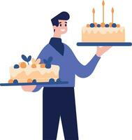 hand- getrokken mannetje karakter met verjaardag taart in vlak stijl vector