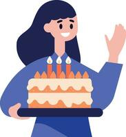 hand- getrokken vrouw karakter met verjaardag taart in vlak stijl vector