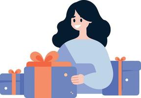 hand- getrokken vrouw karakter met geschenk doos in vlak stijl vector