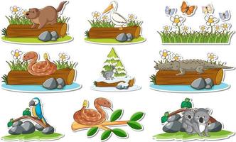 stickerset met verschillende wilde dieren en natuurelementen vector