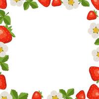 frame met aardbeien, bladeren en bloemen op een witte achtergrond. helder fruit vierkant patroon. banner voor zomervoedsel vector