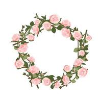 een krans van pioenrozen. rond frame, roze schattige bloemen en bladeren vector