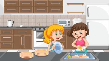 twee meisjes afwassen in de keuken scene vector