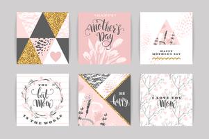 Set van Happy Mothers Day belettering wenskaarten met bloemen. vector