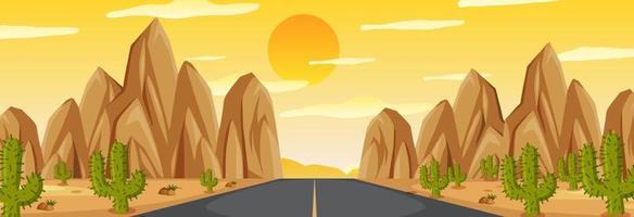 horizontale scène met lange weg door woestijn bij zonsondergang vector