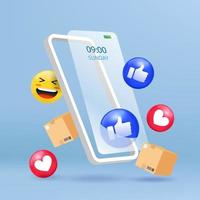 online winkel met mobiel en 3d emoji sociaal icoon. vectorillustratie. minimale blauwe achtergrond vector