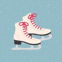 uit wit ijs schaatser met rood veters illustratie vlak vector Aan vallend sneeuw achtergrond. winter activiteiten. tekenfilm stijl. voor Kerstmis en nieuw jaar concept. seizoen groet.