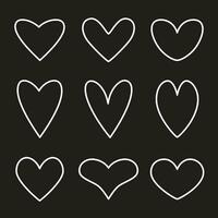 vector hand getekend kinderlijk tekening hart icoon set. wit beroerte Aan een zwart achtergrond. Valentijnsdag dag, symbool van liefde.