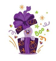 schattig geest springt uit van een geschenk doos. halloween verrassing. kinderachtig illustratie. vector. vector