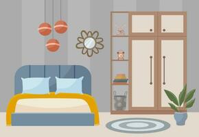 knus slaapkamer. slaapkamer interieur bed, tapijt, lamp, spiegel, ingemaakt planten, garderobe. interieur concept. vector vlak illustratie.