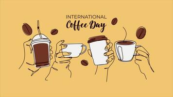 Internationale koffie dag achtergrond ontwerp met een doorlopend lijn tekening stijl. handen Holding koffie. vector illustratie.