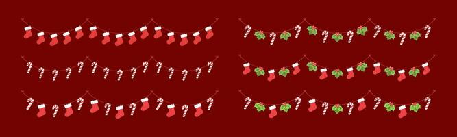 reeks van Kerstmis en winter vakantie decoratie guirlande. Kerstmis decoratie elementen verzameling. de kerstman sok, kousen, maretak, ornamenten, snoep riet. vector illustratie.
