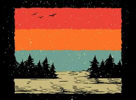 retro zonsondergang . jaren 70 stijl grunge gestreept zonsondergang Woud landschap retro achtergrond vector