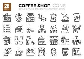 koffie winkel detail schets pictogrammen set. de verzameling omvat pictogrammen van divers aspecten verwant naar koffie winkels, variërend van bedrijf en ontwikkeling naar programmeren, web ontwerp, app ontwerp. vector