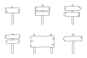 reeks houten uithangbord in vlak ontwerp. weg richting uithangborden en pijl aanwijzingen, wegwijzers en aanplakbord polen vector