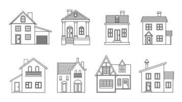 set huizen, zwarte omtrek huisontwerpcollectie vector