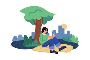 een klein meisje aan het lezen onder een boom vector