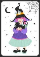 weinig schattig heks, halloween feest. meisje met zwart kat, klassiek hoed en gekleurd haar. ontwerp voor groet kaarten, ansichtkaarten, stickers en uitnodiging kaarten voor een halloween feest. vector