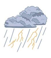 tekening van donder wolken met bliksem en regen. tekenfilm clip art van regenachtig weer symbool. hedendaags vector illustratie geïsoleerd Aan wit achtergrond.