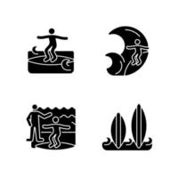 surfboarding zwarte glyph-pictogrammen op witruimte vector