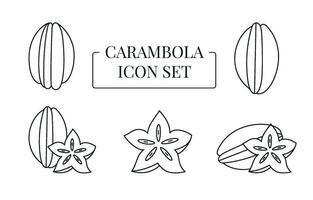 carambola fruit geheel en voor de helft, besnoeiing in plakjes, reeks van lijn pictogrammen in vector