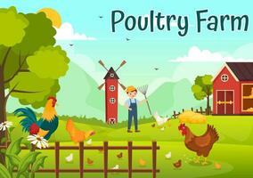 gevogelte boerderij vector illustratie met kippen, hanen, rietje, kooi en ei Aan landschap van groen veld- achtergrond in vlak tekenfilm ontwerp