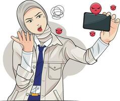menselijk emoties, gelaats uitdrukking concept. een jong meisje een hijab is ruzie maken met haar vriend Aan haar smartphone. vector illustratie pro downloaden