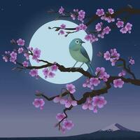 realistisch grafiek van guisu en sakura boom Aan een achtergrond van maan. Japans nachtegaal Aan een Afdeling van bloeiende kersen. vector illustratie van struik grasmus. Fujiyama berg Bij nacht.