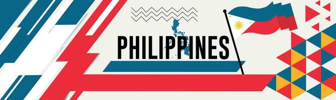 Filippijnen kaart en verheven vuisten. nationaal dag of onafhankelijkheid dag ontwerp voor Filippijnen viering. modern retro ontwerp met abstract pictogrammen. vector illustratie.