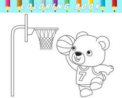 kleur boek van schattig beer spelen basketbal. vector tekenfilm illustratie