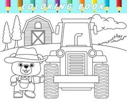 kleur boek van schattig teddy beer met trekker Aan boerderij veld- achtergrond. vector tekenfilm illustratie