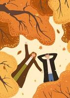 Mens en vrouw liggen onder herfst bomen. kaart met een paar aan het liegen Aan de grond, top visie. man en vrouw zijn resting in de herfst Woud. vlak vector illustratie