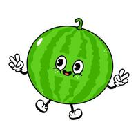 jumping watermeloen karakter. vector hand- getrokken traditioneel tekenfilm vintage, retro, kawaii karakter illustratie icoon. geïsoleerd Aan wit achtergrond. watermeloen springen karakter concept