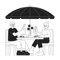 dating ouderen zwart en wit tekenfilm vlak illustratie. bonding heterosexual paar lineair 2d tekens geïsoleerd. gepensioneerd restaurant. grootouders avondeten romantisch monochromatisch tafereel vector beeld