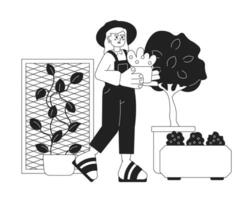 ouderen dame in tuin zwart en wit tekenfilm vlak illustratie. oud tuinman houdt fabriek lineair 2d karakter geïsoleerd. gepensioneerd tuinbouwer. grootmoeder tuinieren monochromatisch tafereel vector beeld