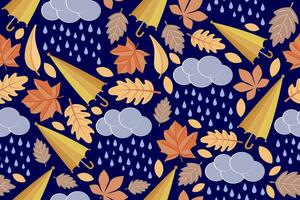 naadloos, herhalen herfst patroon. herfst in natuur, naadloos vallen patroon met vliegend bladeren, regenachtig wolken en geel paraplu's. vector