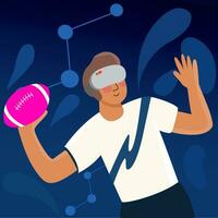 Mens spelen Amerikaans Amerikaans voetbal in vr hoofdtelefoon. vector hand- getrokken virtueel sport- illustratie