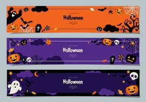 halloween banners set, partij uitnodiging achtergrond met wolken, vleermuizen en pompoenen in vlak ontwerp voor banier, omslag, het drukken en sociaal media na. vector illustratie.