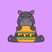 schattig nijlpaard dat hamburger eet. dierlijk beeldverhaalconcept. vector