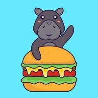 schattig nijlpaard dat hamburger eet. dierlijk beeldverhaalconcept. vector