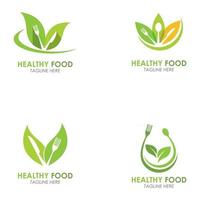 set van gezonde voeding logo vork met groene bladeren decoratie vector icon