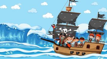 oceaanscène overdag met piratenkinderen op het schip vector