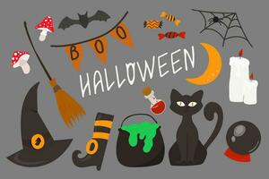 halloween element set, voor scrapbooken, groet auto grappig pompoenen. geperfectioneerd, partij uitnodiging, poster, label, sticker uitrusting. hand- getrokken vector illustratie