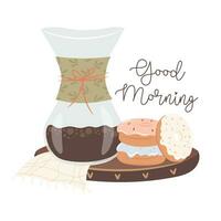 mooi zo ochtend. koffie en donuts Aan de houten dienblad. vector illustratie