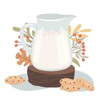 melk en koekjes. kruik van melk. ochtend- ontbijt concept. knus herfst dagen concept. vector