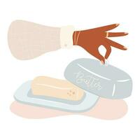 dames hand- Holding boter gerecht. ochtend- ontbijt concept. vector